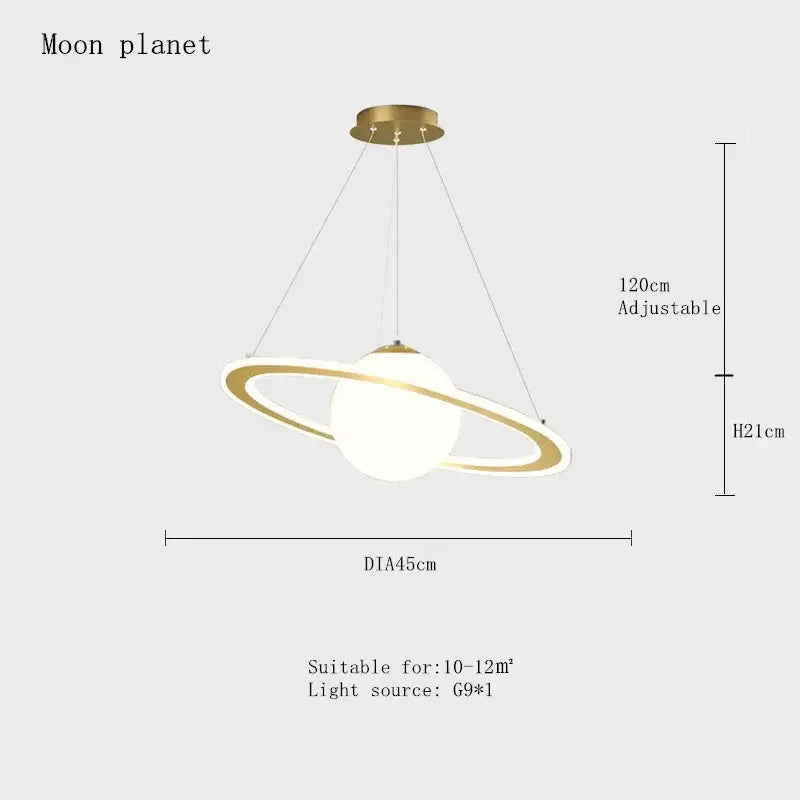 Modern saturn space star astronaut pendant lamp with gold-toned ring and white globe for boys bedroom lighting