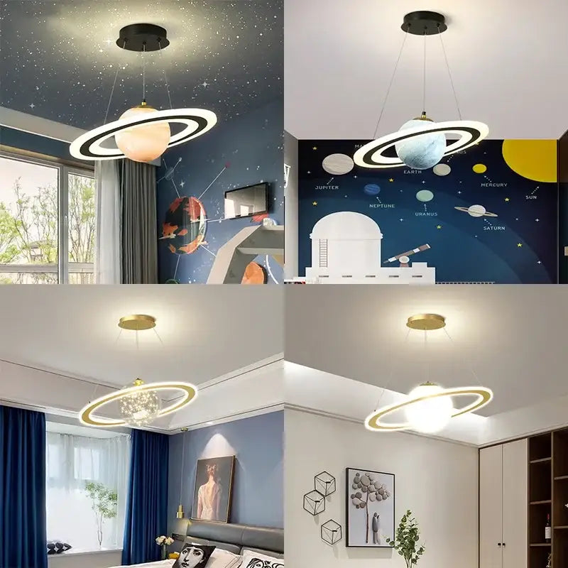 Modern saturn space star astronaut pendant lamp with glowing orb and rings in black or gold for boys bedroom