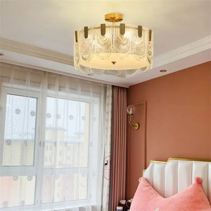 Gold-toned modern scalloped art glass chandelier with intricate cut crystal panels for dining room decorbites art glass chandelier