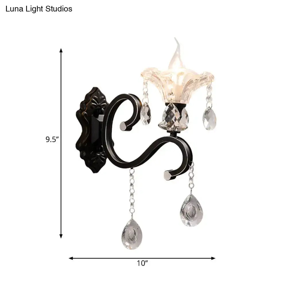 Modern scalloped black wrought iron wall lamp with curved arm clear crystal teardrop pendants e12 e14 socket