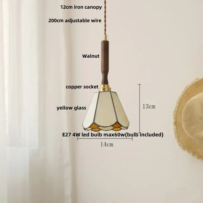 Modern scalloped floral ceramic led pendant light with walnut iron canopy copper socket and yellow stained glass shade for decorbites ceramic led pendant