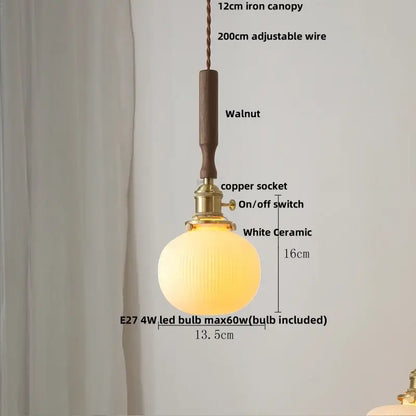 Modern scalloped floral ceramic led pendant light with ribbed glass globe brass copper socket and dark walnut canopy for decorbites