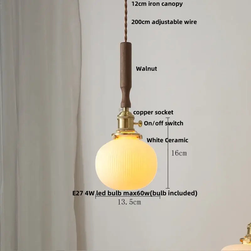 Modern scalloped floral ceramic led pendant light with ribbed glass globe brass copper socket and dark walnut canopy for decorbites