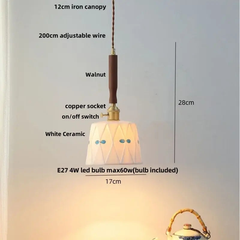 Modern scalloped floral ceramic led pendant light with geometric blue accents and walnut iron canopy for kitchen decorbites decor
