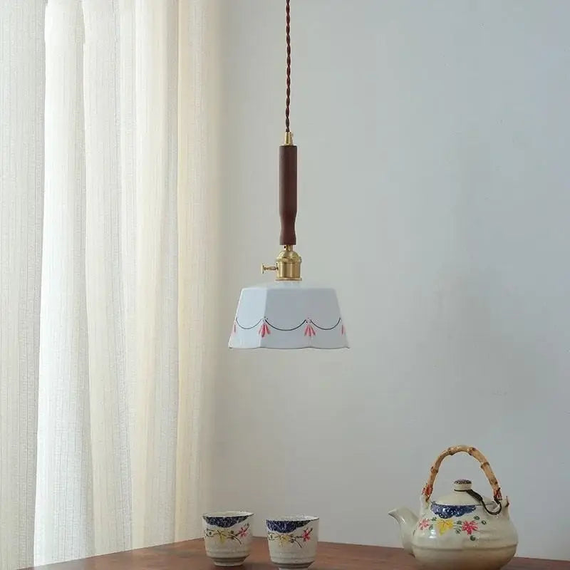 White ceramic led pendant light with fluted scalloped shade and pink black floral embroidery for kitchen decorbites decorbites ceramic led
