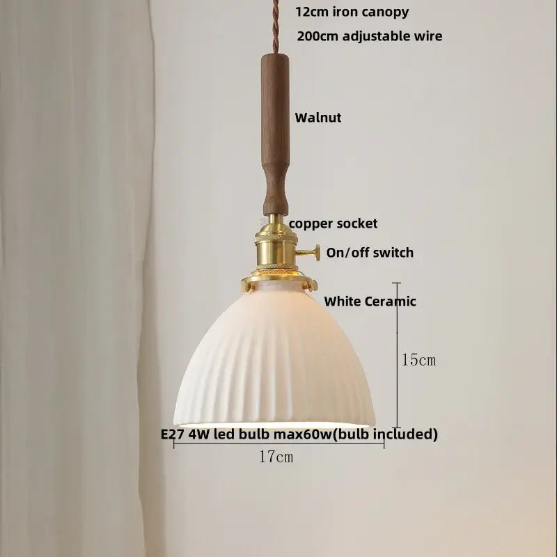 Modern scalloped floral ceramic led pendant light with white ribbed design, walnut iron canopy, and copper socket decorbites ceramic led