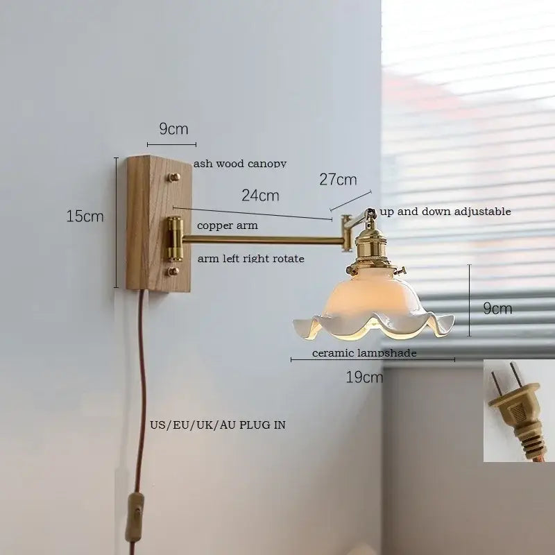 Modern scalloped glass and brass wall light with copper arm, natural ash wood canopy, and white decorbites ceramic led lampshade