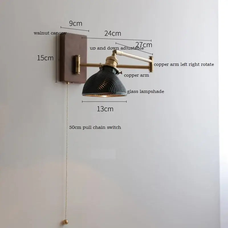 Modern scalloped glass and brass wall light with copper arm and dark walnut canopy for bedroom reading lamp decorbites ceramic led