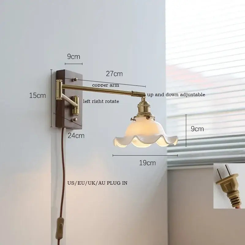 Adjustable copper arm wall light with frosted scalloped glass shade for bedroom reading by decorbites ceramic led