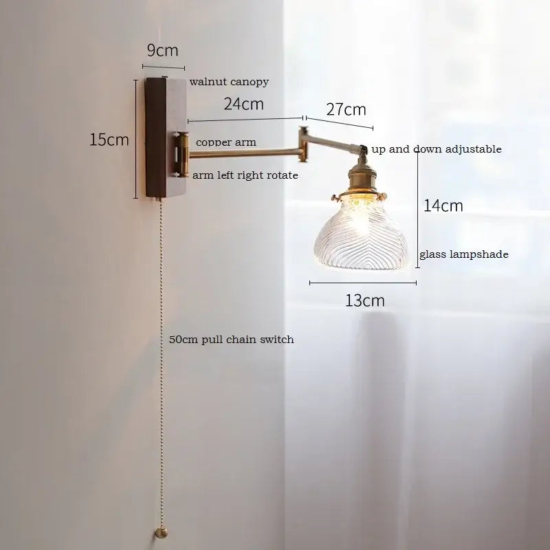 Adjustable copper-arm wall light with walnut canopy and scalloped glass lampshade for bedroom decorbites ceramic led use