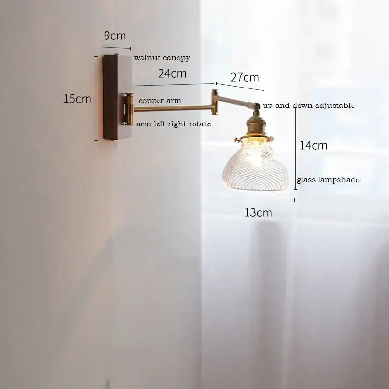 Modern scalloped glass and brass wall light with adjustable copper arm, walnut canopy, and textured glass lampshade decorbites ceramic led