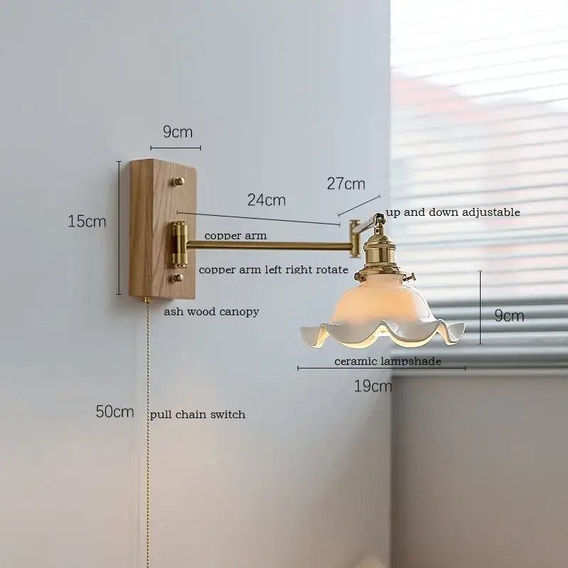 Modern scalloped glass and brass wall light with a warm copper arm, ash wood base, and decorbites ceramic led lampshade
