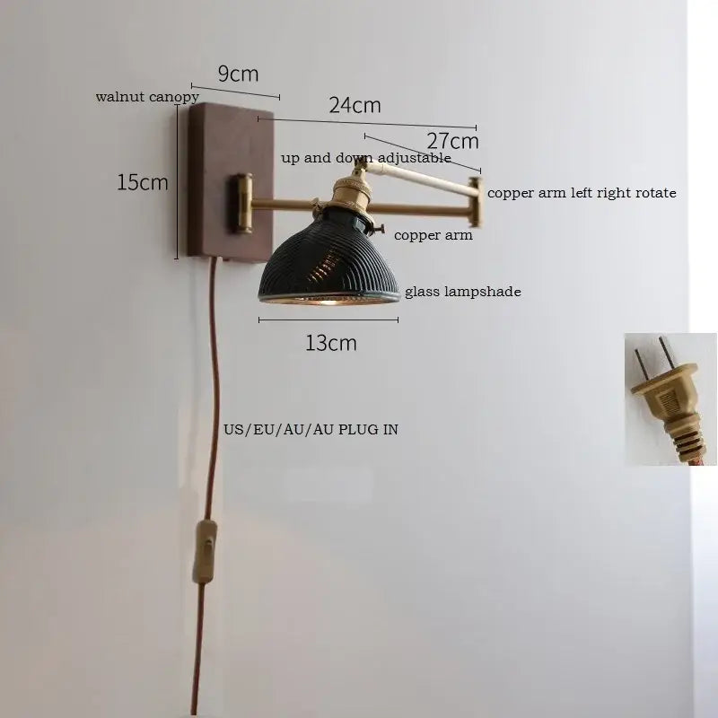 Modern scalloped glass and brass wall light featuring a walnut canopy, adjustable copper arm, and black ribbed glass shade for reading lamp decorbites ceramic led