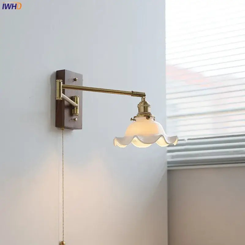 Modern scalloped glass and brass wall light with white glass shade wooden base ideal for bedroom reading lamp decorbites ceramic led