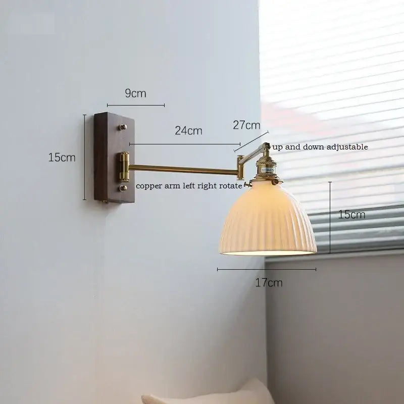 Adjustable copper arm wall light with ribbed off-white scalloped glass shade for bedroom reading by decorbites ceramic led