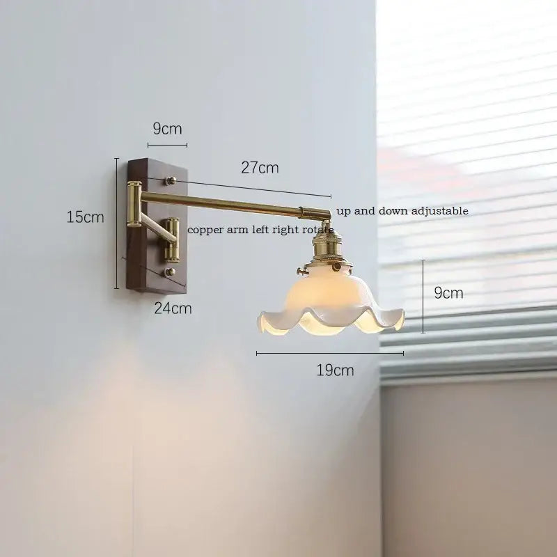 Modern scalloped glass wall light with adjustable copper arm and fluted frosted shade on dark wood backplate decorbites ceramic led