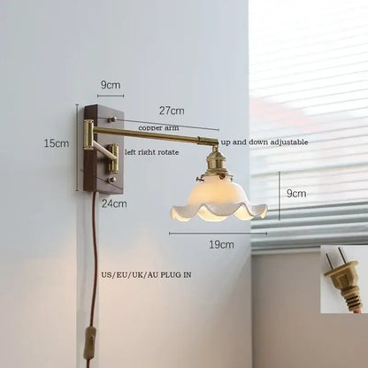 Adjustable copper arm wall light with frosted scalloped glass shade ideal for bedroom reading decorbites ceramic led