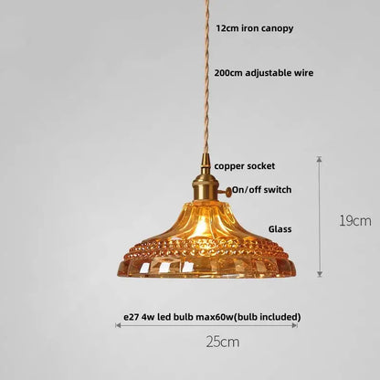 Modern scalloped golden amber glass flower led pendant light with copper socket and iron canopy for dining room