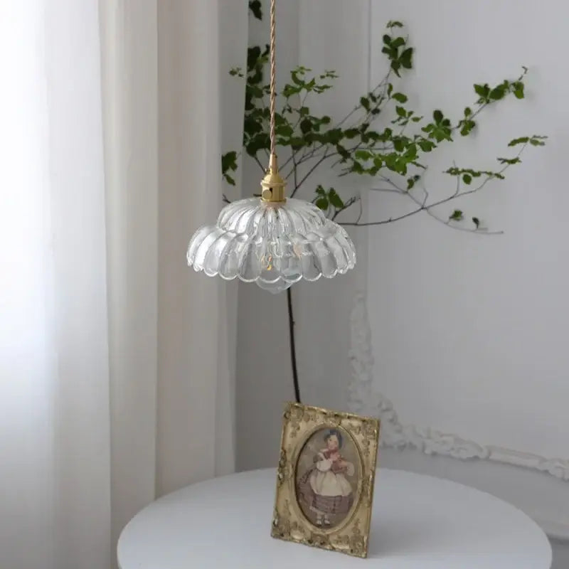 Modern scalloped glass flower led pendant light with clear fluted glass and gold-toned hardware for dining room use