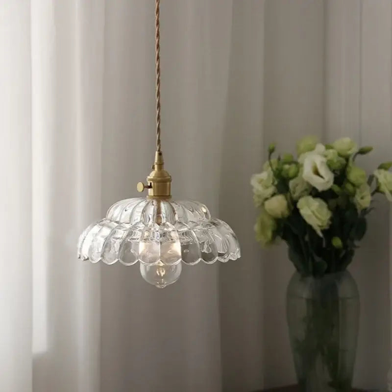 Modern scalloped glass flower led pendant light with clear glass and brass finish for dining room illumination