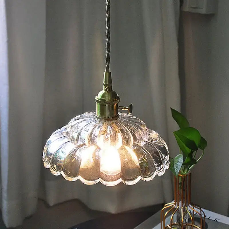 Modern scalloped clear glass flower led pendant light with brass fixture and twisted cord for dining room lighting