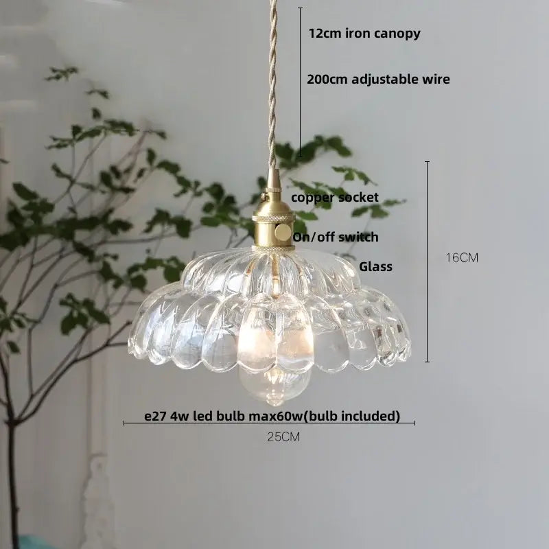 Modern scalloped glass flower led pendant light with clear glass and brass-finished copper socket for dining room