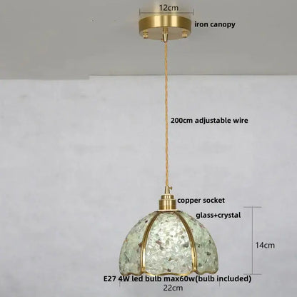 Modern scalloped seashell glass led pendant light in delicate green decorbites crystal glass with brass iron canopy