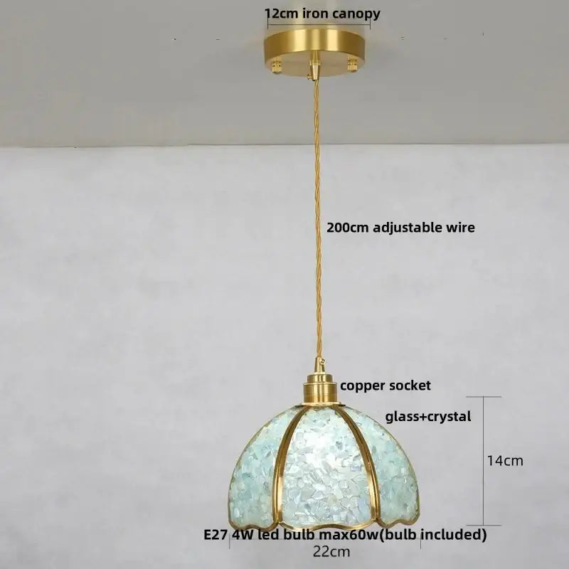 Modern scalloped seashell decorbites crystal glass led pendant light in light blue with brass iron canopy for dining room decor