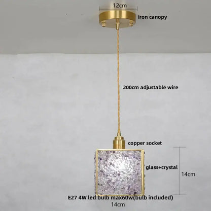 Modern scalloped seashell glass led pendant light with brass iron canopy and lavender decorbites crystal glass shade for dining room