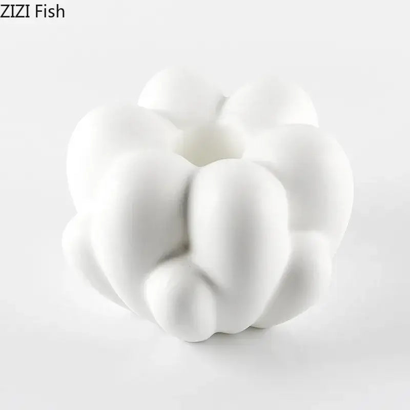 Modern scalloped white ceramic creative petal vase with sculpted cloud-like design for living room decor