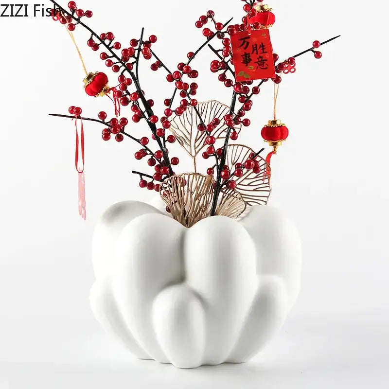 White ceramic pumpkin-shaped creative petal vase with scalloped design for modern living room decor