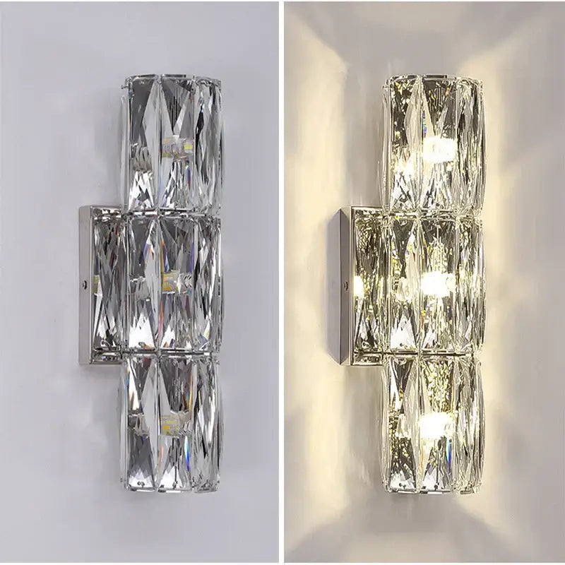 Modern segmented crystal wall lamp with crystal-encrusted chrome base and faceted glass panels for warm living room decorbites wall lamp