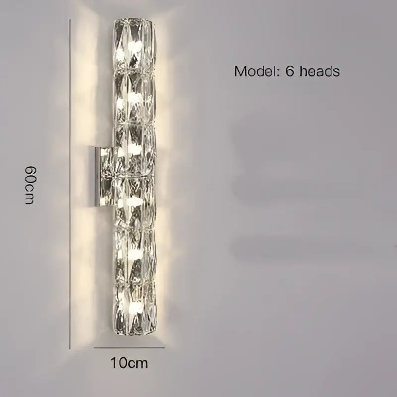 Modern segmented crystal wall lamp with six illuminated heads, sleek metallic frame, and faceted glass decorbites crystal wall lamp