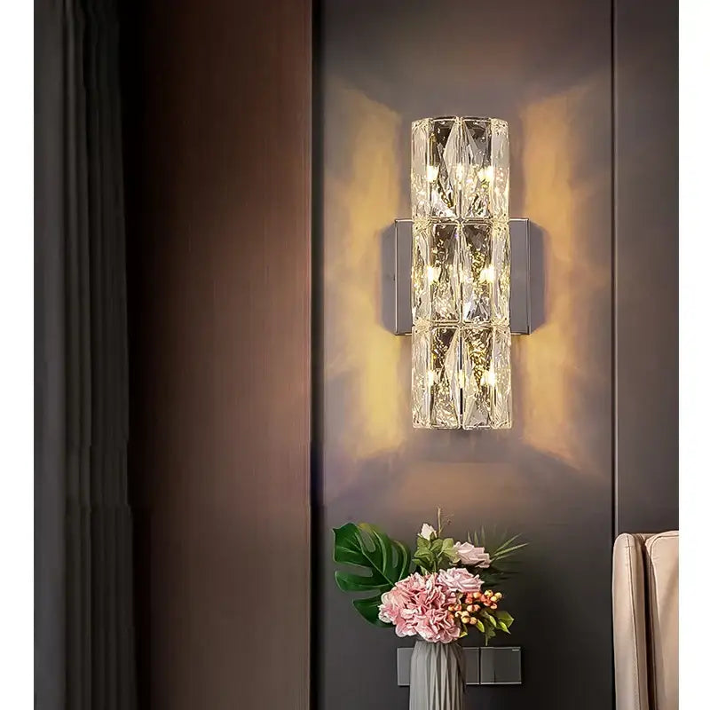 Modern segmented crystal wall lamp featuring a geometric crystal wall lamp design with warm ambient led light for decorbites