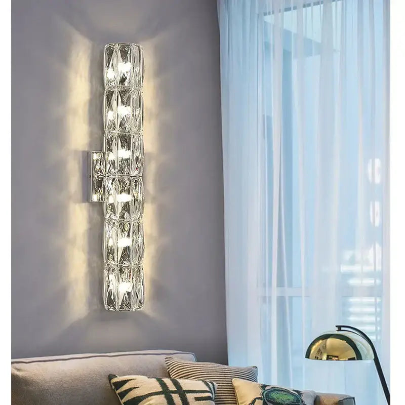 Modern segmented crystal wall lamp with crystal faceted glass and chrome bracket for living room decorbites wall lamp