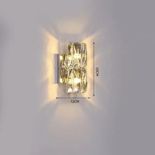 Modern segmented crystal wall lamp with faceted glass and sleek metallic base for living room decorbites crystal wall lamp