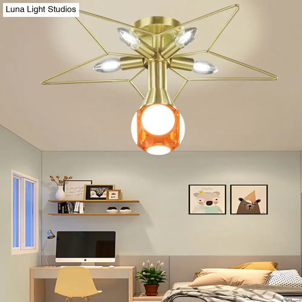 DecorBites™ DecorBites™ Modern Semi-Flush Mount Ceiling Lamp - 6 Bulbs, Metal Shade, White/Red Star Design - Bedroom Lighting
