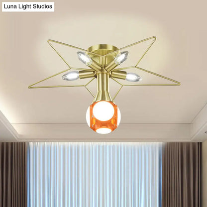 DecorBites™ DecorBites™ Modern Semi-Flush Mount Ceiling Lamp - 6 Bulbs, Metal Shade, White/Red Star Design - Bedroom Lighting
