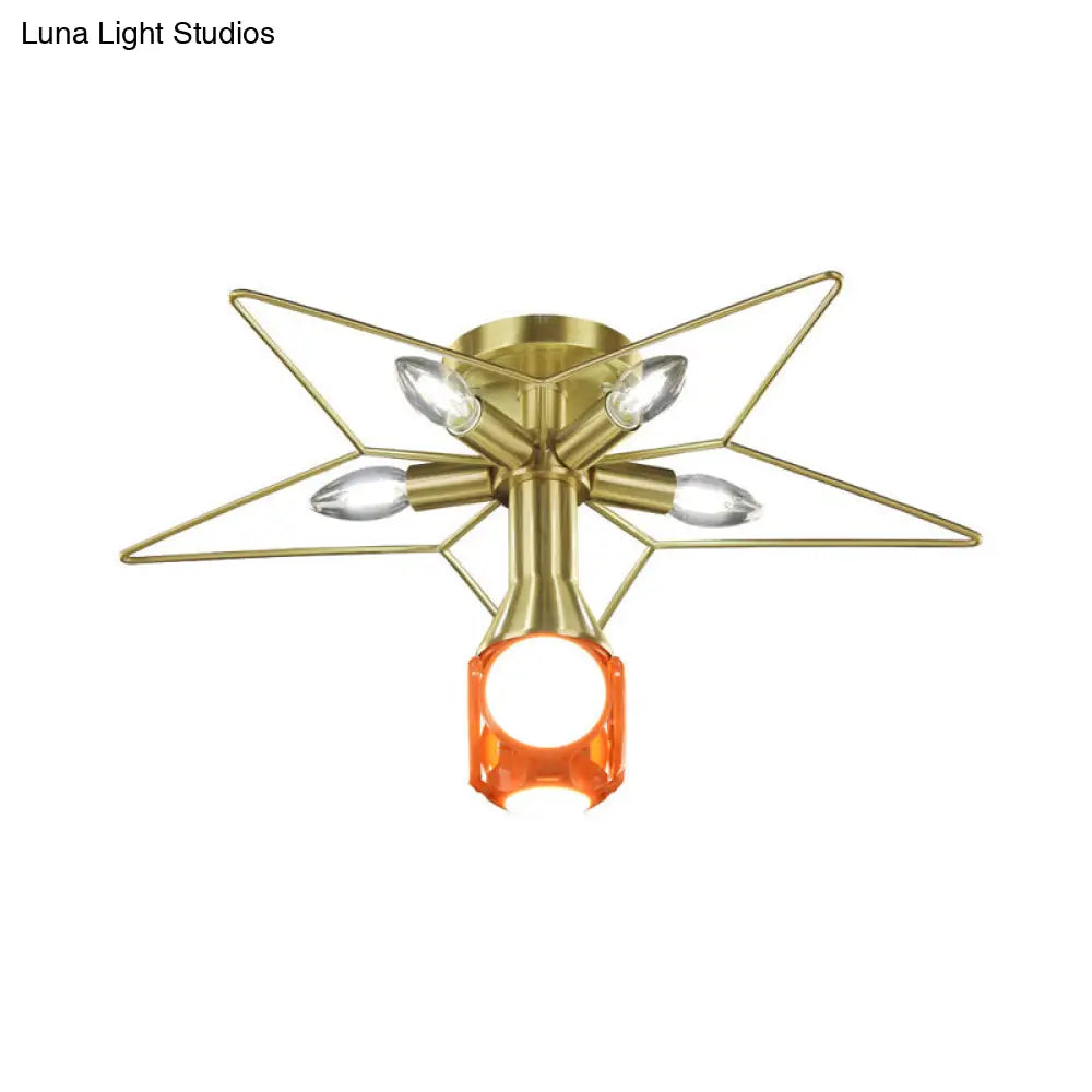 DecorBites™ DecorBites™ Modern Semi-Flush Mount Ceiling Lamp - 6 Bulbs, Metal Shade, White/Red Star Design - Bedroom Lighting