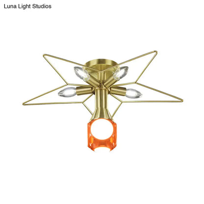 DecorBites™ DecorBites™ Modern Semi-Flush Mount Ceiling Lamp - 6 Bulbs, Metal Shade, White/Red Star Design - Bedroom Lighting