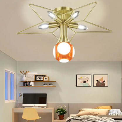 DecorBites™ DecorBites™ Modern Semi-Flush Mount Ceiling Lamp - 6 Bulbs, Metal Shade, White/Red Star Design - Bedroom Lighting