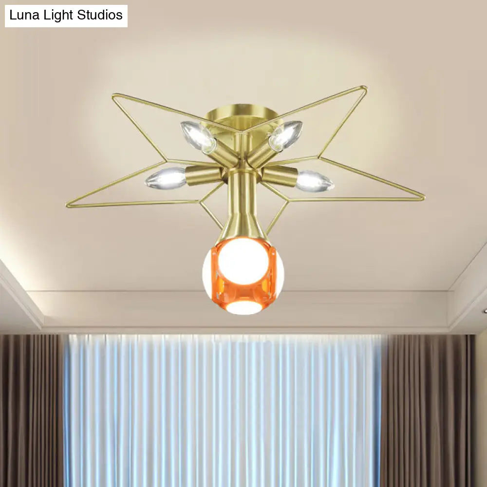 DecorBites™ DecorBites™ Modern Semi-Flush Mount Ceiling Lamp - 6 Bulbs, Metal Shade, White/Red Star Design - Bedroom Lighting