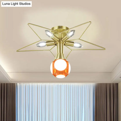 DecorBites™ DecorBites™ Modern Semi-Flush Mount Ceiling Lamp - 6 Bulbs, Metal Shade, White/Red Star Design - Bedroom Lighting
