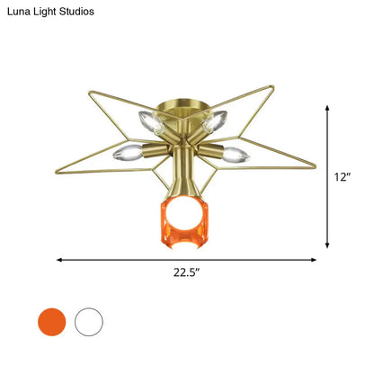 DecorBites™ DecorBites™ Modern Semi-Flush Mount Ceiling Lamp - 6 Bulbs, Metal Shade, White/Red Star Design - Bedroom Lighting