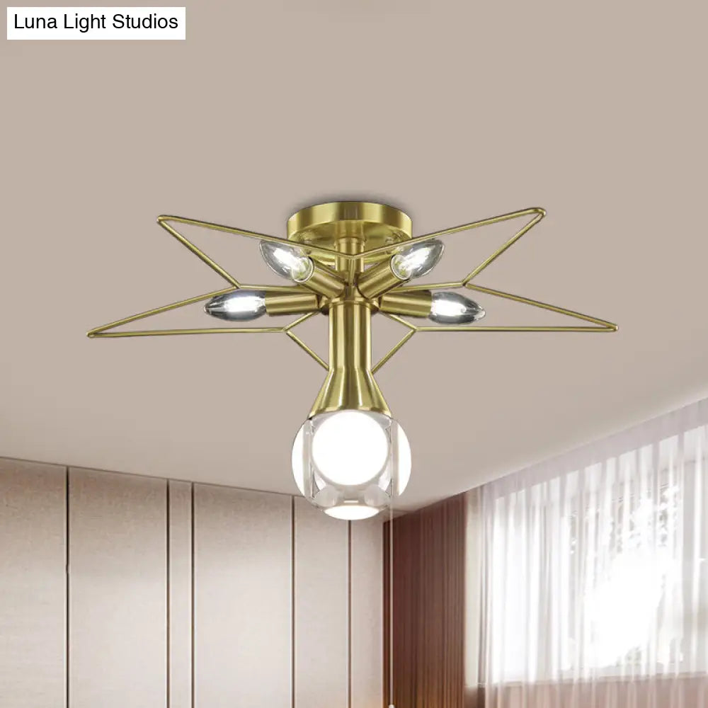 DecorBites™ DecorBites™ Modern Semi-Flush Mount Ceiling Lamp - 6 Bulbs, Metal Shade, White/Red Star Design - Bedroom Lighting