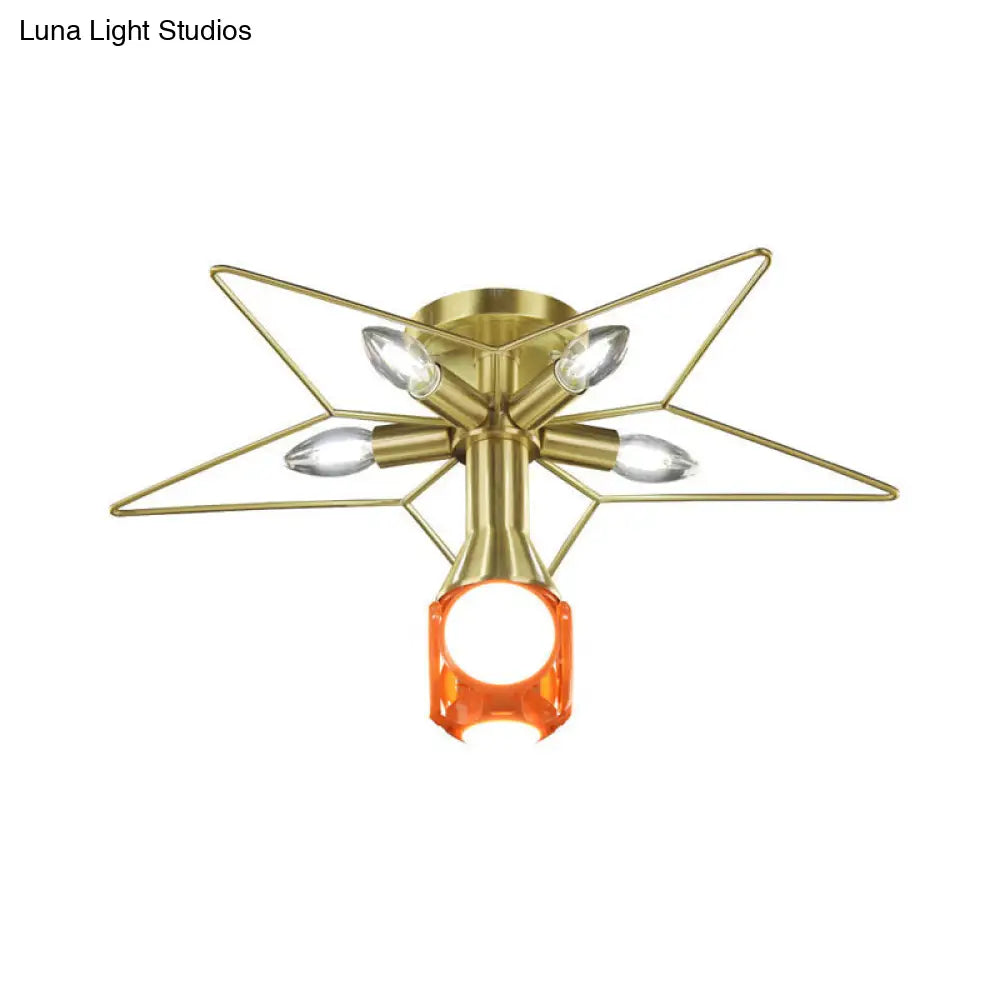 DecorBites™ DecorBites™ Modern Semi-Flush Mount Ceiling Lamp - 6 Bulbs, Metal Shade, White/Red Star Design - Bedroom Lighting