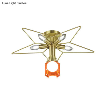 DecorBites™ DecorBites™ Modern Semi-Flush Mount Ceiling Lamp - 6 Bulbs, Metal Shade, White/Red Star Design - Bedroom Lighting