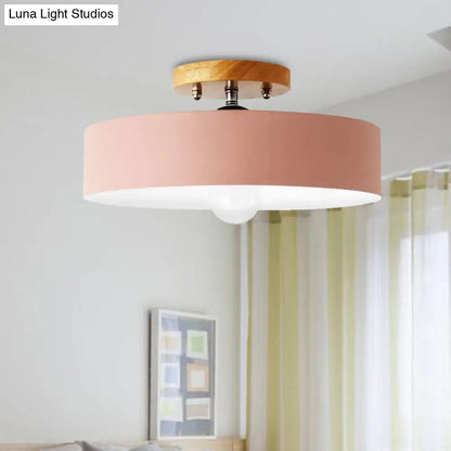 DecorBites™ DecorBites™ Modern Semi-Mount Drum Light: 1-Light 12" W Metal Fixture in Gray/White/Red/Pink for Living Room Ceiling