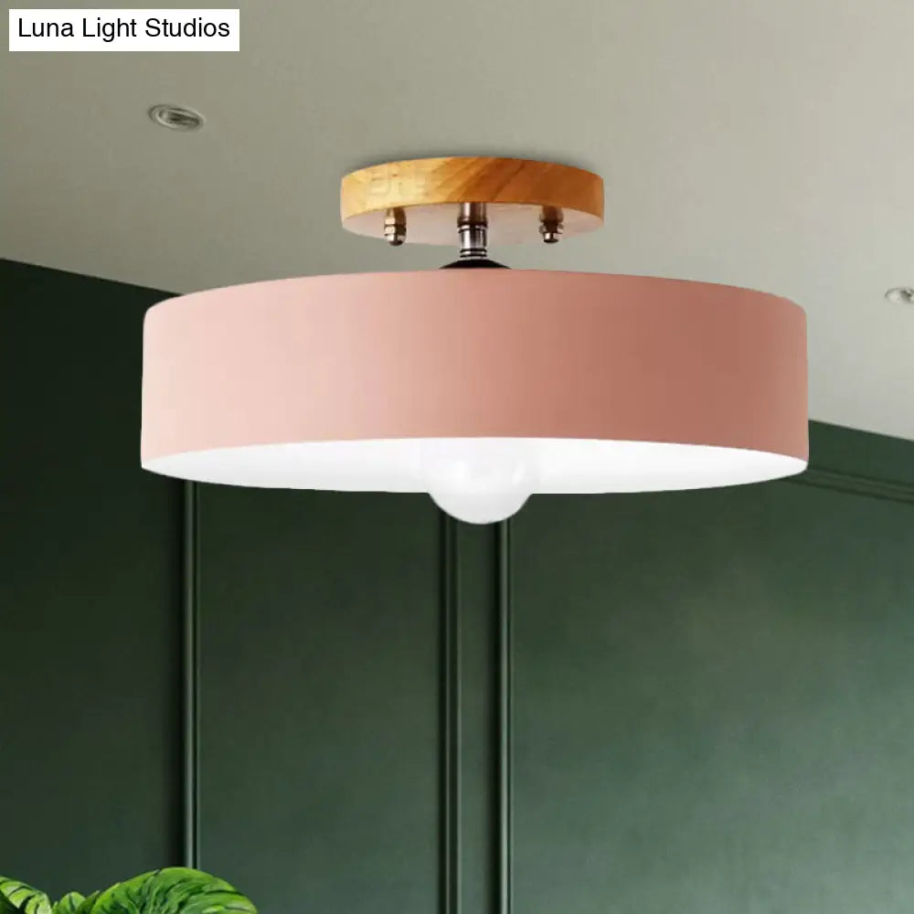 DecorBites™ DecorBites™ Modern Semi-Mount Drum Light: 1-Light 12" W Metal Fixture in Gray/White/Red/Pink for Living Room Ceiling