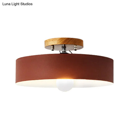 DecorBites™ DecorBites™ Modern Semi-Mount Drum Light: 1-Light 12" W Metal Fixture in Gray/White/Red/Pink for Living Room Ceiling